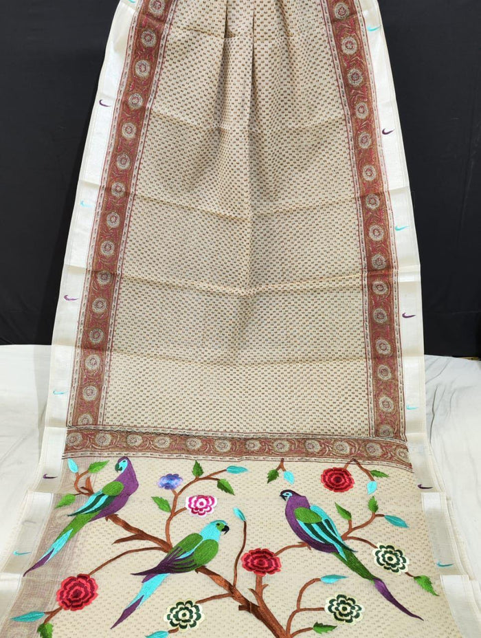 Kota Doria Paithani Embroidery Designer Saree - Beige Color