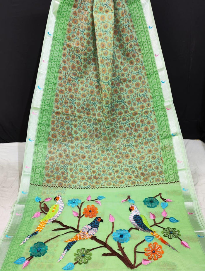 Kota Doria Paithani Embroidery Designer Saree - Green
