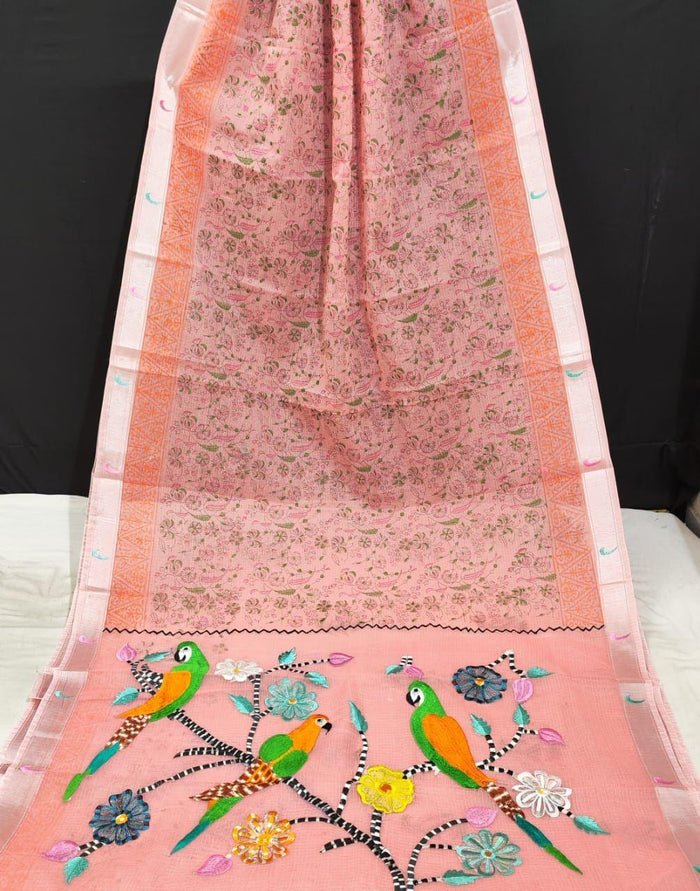 Kota Doria Paithani Embroidery Designer Pink Color Saree