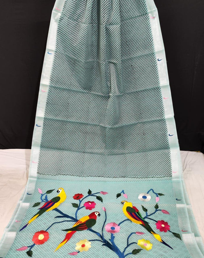 Kota Doria Paithani Embroidery Designer Saree - Grey Color