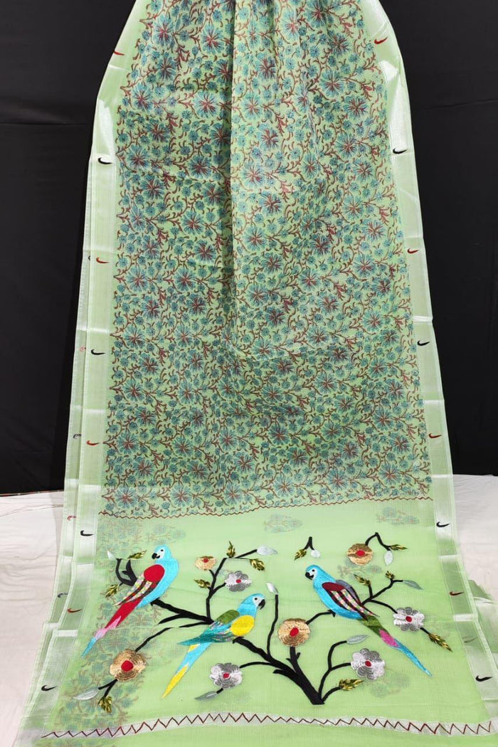 Green Color - Kota Doria Paithani Embroidery Designer Saree