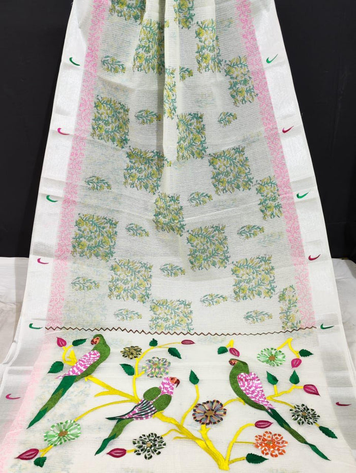 Kota Doria Paithani Embroidery Designer White Color Saree