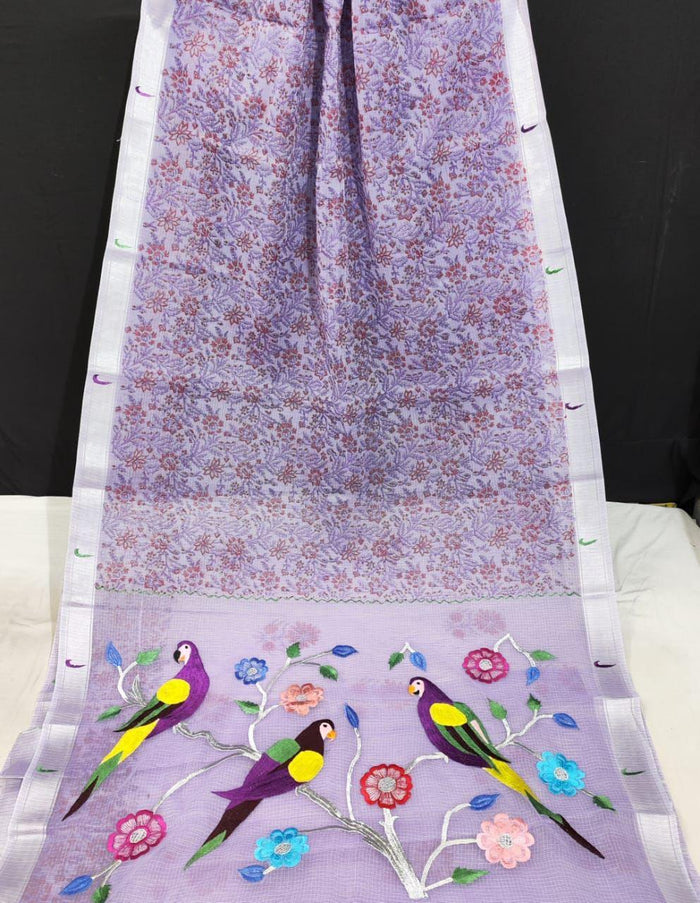 Kota Doria Paithani Embroidery Designer Saree- Purple