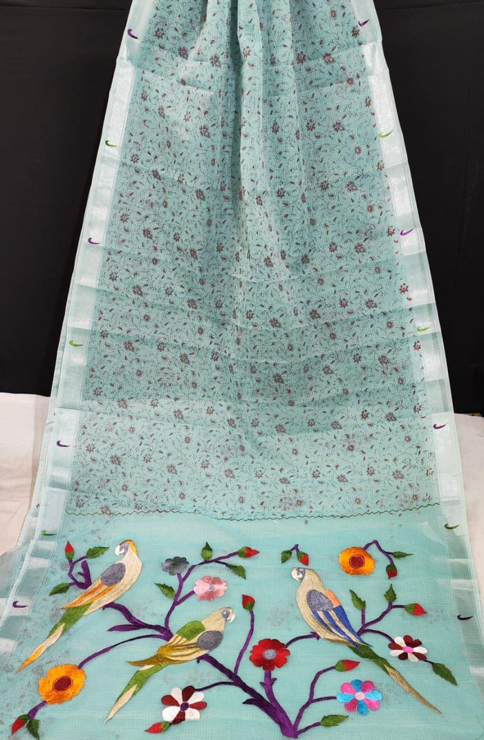 Kota Doria Paithani Embroidery Designer Saree - Bluish Grey