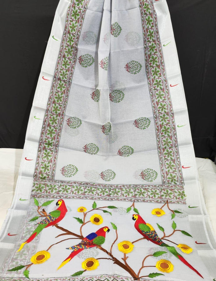 Kota Doria White Color Paithani Embroidery Designer Saree