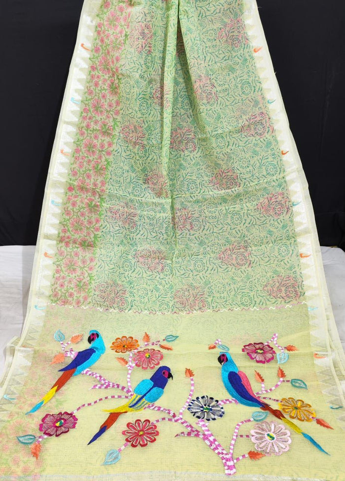 Kota Doria Paithani Embroidery Designer Saree - Yellow