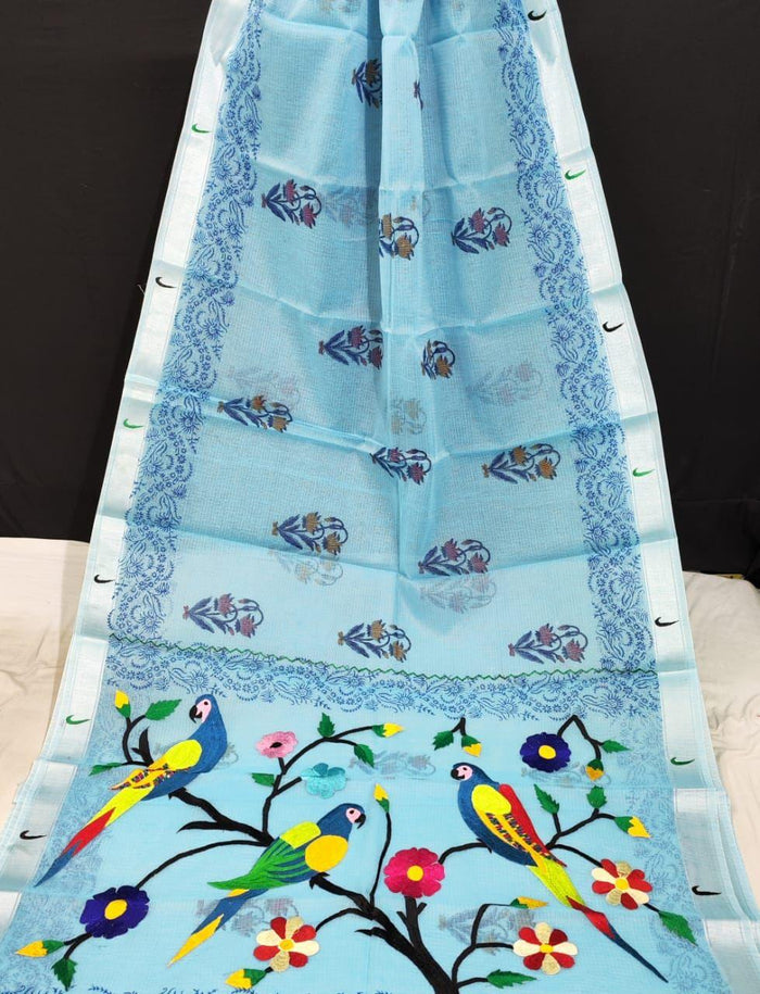 Blue Color - Kota Doria Paithani Embroidery Designer Saree