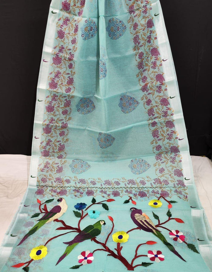 Kota Doria Paithani Embroidery Designer Blue Color Saree