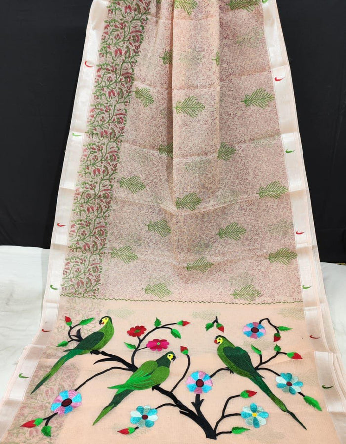 Pink Kota Doria Paithani Embroidery Designer Saree