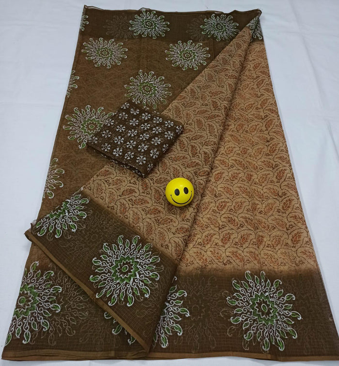 Block Printed Pure Cotton Kota Doria Saree - Brown Color
