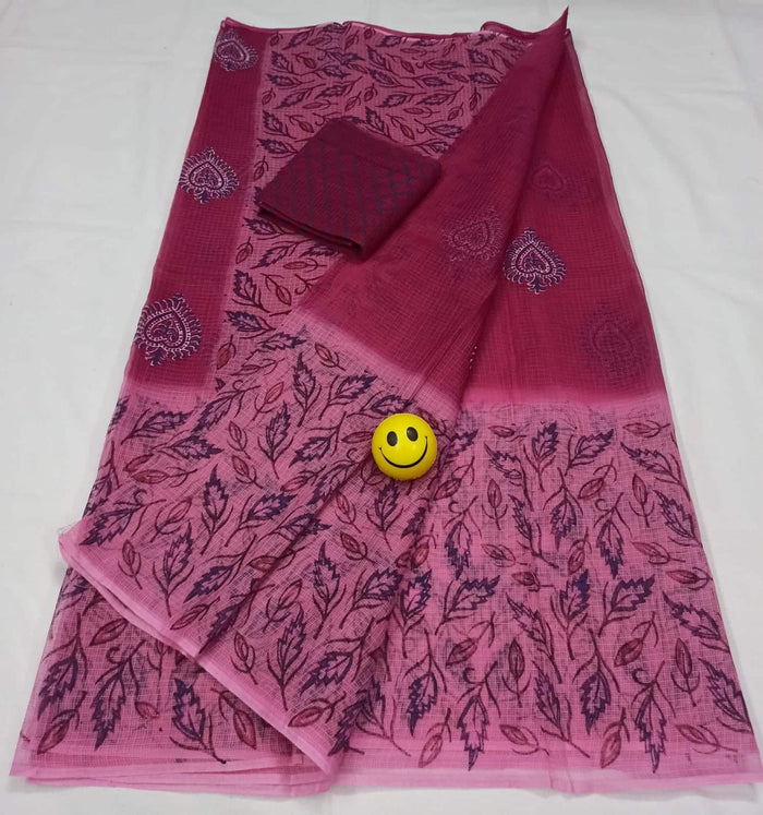 Block Printed Pure Cotton Kota Doria Saree - Pink Color