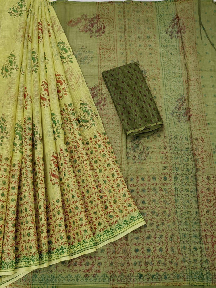 Hand Block Printed Pure Cotton Kota Double Color Saree - Olive Green Colour