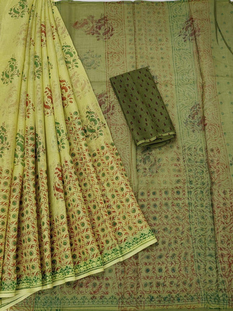 Kota Doria Pure Cotton Green Color Hand Block Printed Saree - Trend In Need