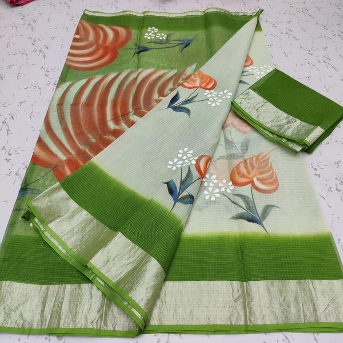 Pure Cotton Hand Painted Kota Doria Saree - Green Colour
