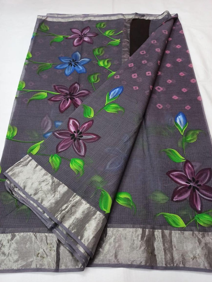 Kota Doria Pure Cotton Hand Painted Saree - Grey Color