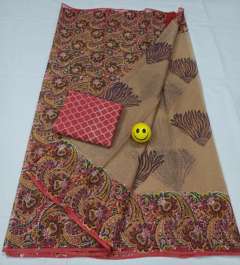 Kota Doria Pure Cotton Hand Block Printed Beige Pink Color Saree - Trend In Need