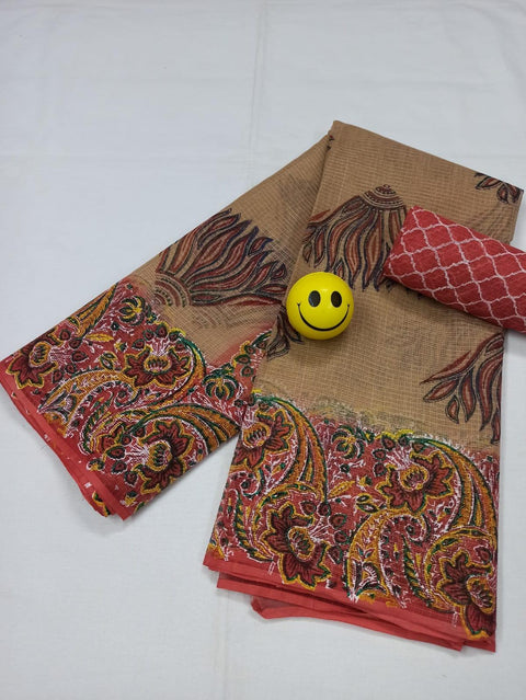 Kota Doria Pure Cotton Hand Block Printed Beige Pink Color Saree - Trend In Need