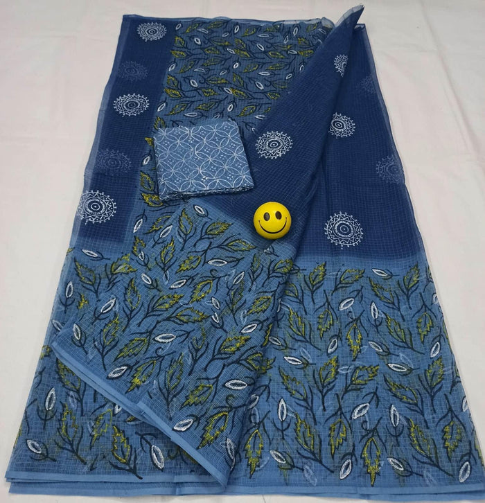 Block Printed Pure Cotton Kota Doria Saree - Blue Color