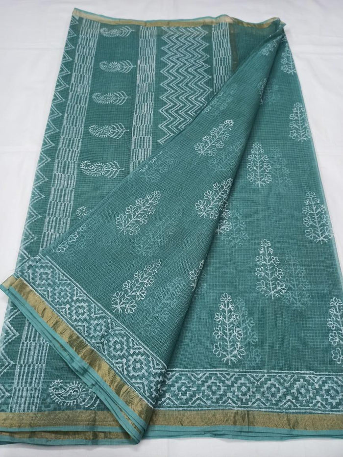 Pure Cotton Kota Doria Block Printed Saree - Sea Blue Color