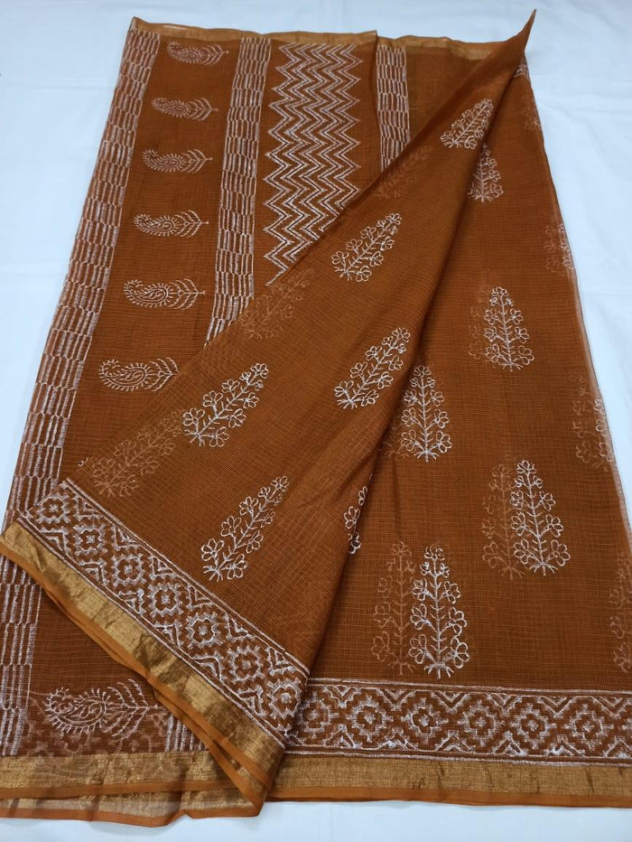 Pure Cotton Kota Doria Block Printed Saree - Brown Color
