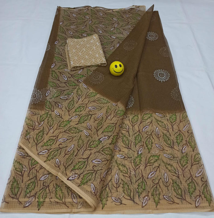 Block Printed Pure Cotton Kota Doria Saree - Beige Colour