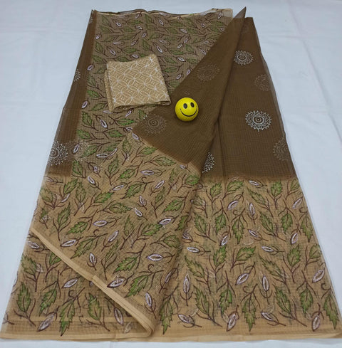 Kota Doria Pure Cotton Hand Block Printed Double Shade Beige Color Saree - Trend In Need