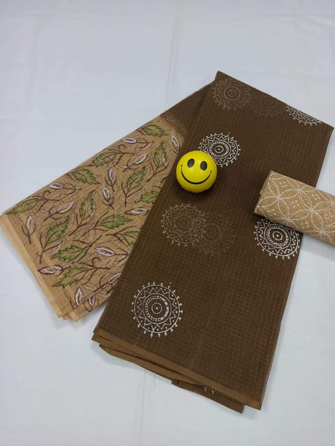 Kota Doria Pure Cotton Hand Block Printed Double Shade Beige Color Saree - Trend In Need