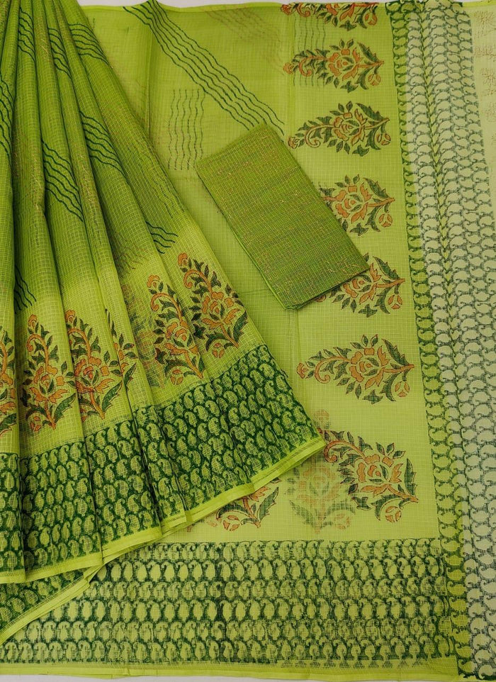 Hand Block Printed Pure Cotton Kota Double Color Saree - Green