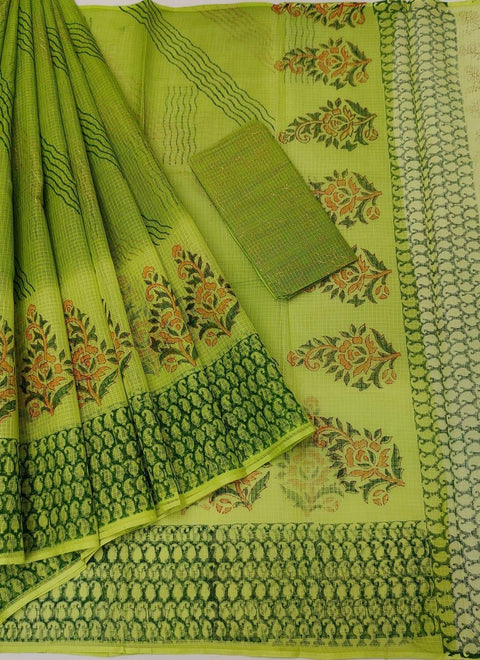 Kota Doria Pure Cotton Hand Block Printed Double Shade Green Color Saree - Trend In Need
