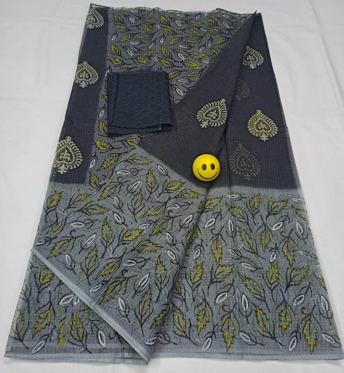 Block Printed Pure Cotton Kota Doria Saree - Grey Colour