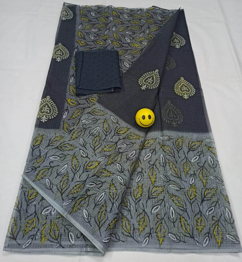 Kota Doria Pure Cotton Hand Block Printed Double Shade Grey Color Saree - Trend In Need