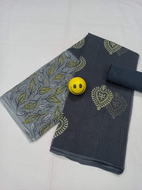 Kota Doria Pure Cotton Hand Block Printed Double Shade Grey Color Saree - Trend In Need