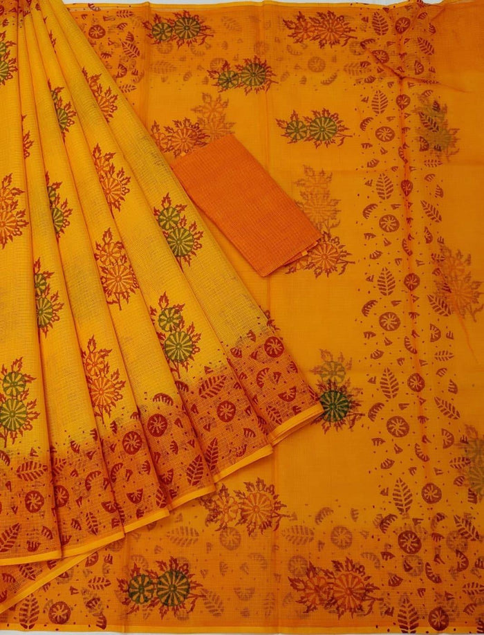 Hand Block Printed Pure Cotton Kota Double Color Saree - Yellow & Orange Colour
