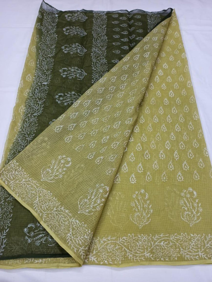 Pure Cotton Kota Doria Block Printed Saree - Green Color