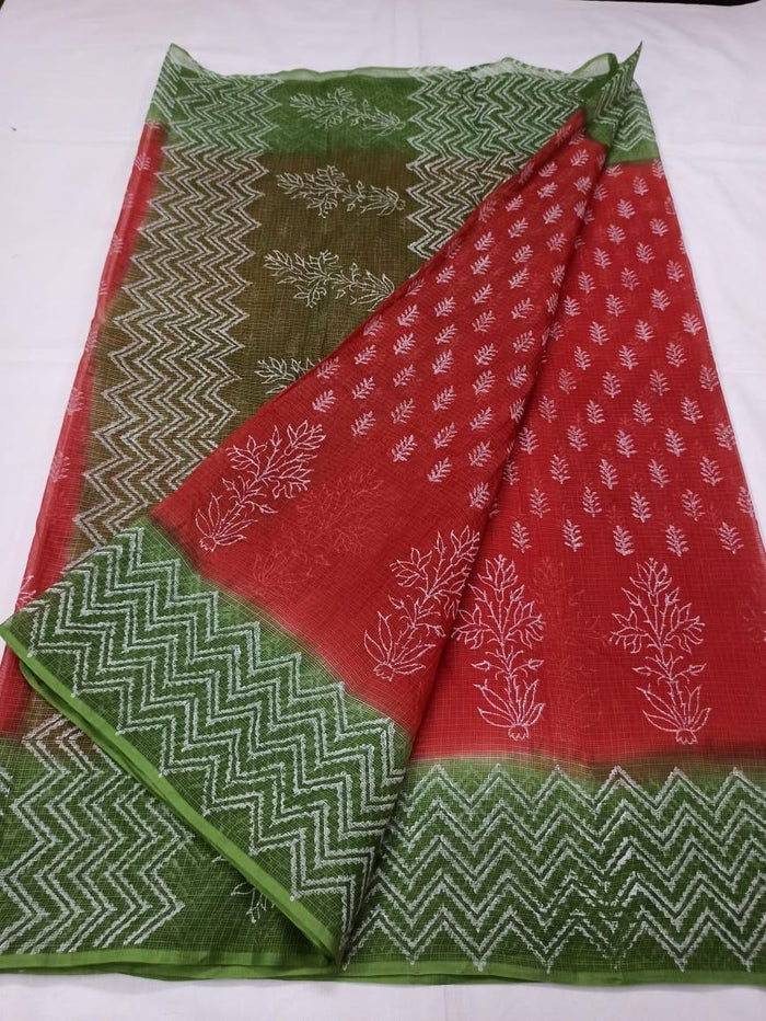 Pure Cotton Kota Doria Block Printed Saree - Green & Red Color