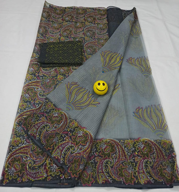 Block Printed Pure Cotton Kota Doria Saree - Grey Color