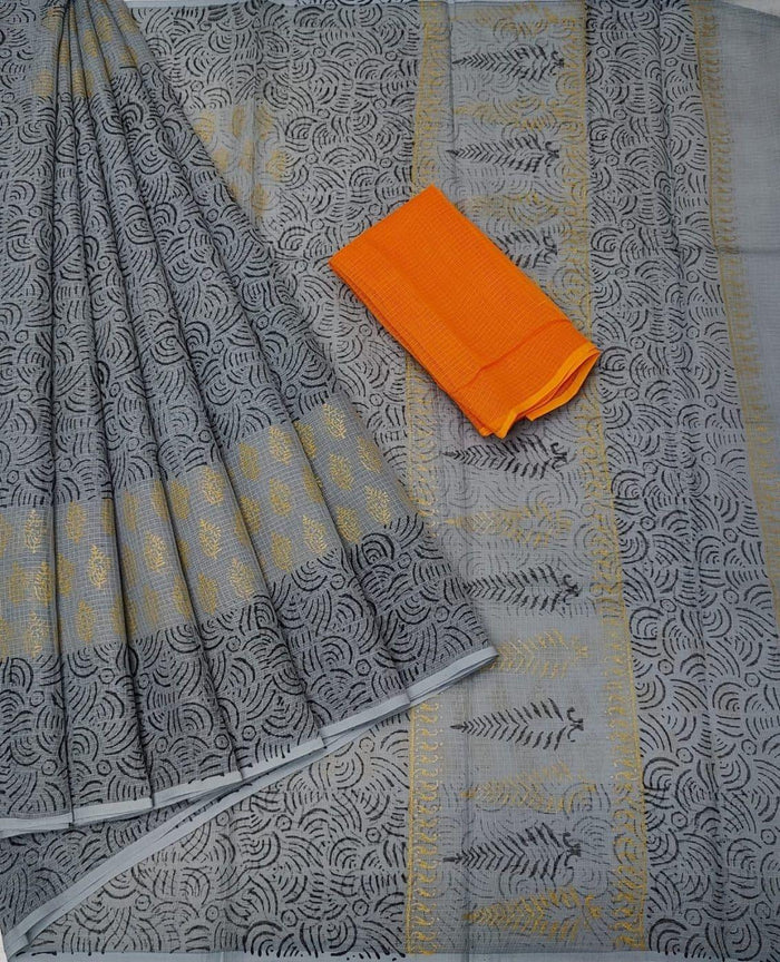 Hand Block Printed Pure Cotton Kota Double Color Saree - Grey Color