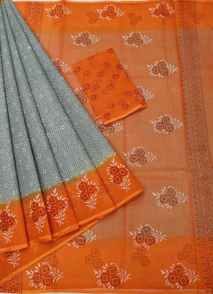 Hand Block Printed Pure Cotton Kota Double Color Saree - Grey & Orange Color