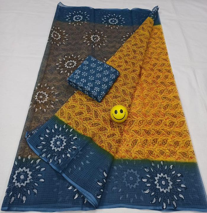 Block Printed Pure Cotton Kota Doria Saree - Yellow Color