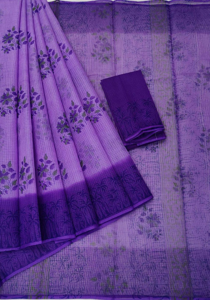 Hand Block Printed Pure Cotton Kota Double Color Saree - Lavender & Purple Color