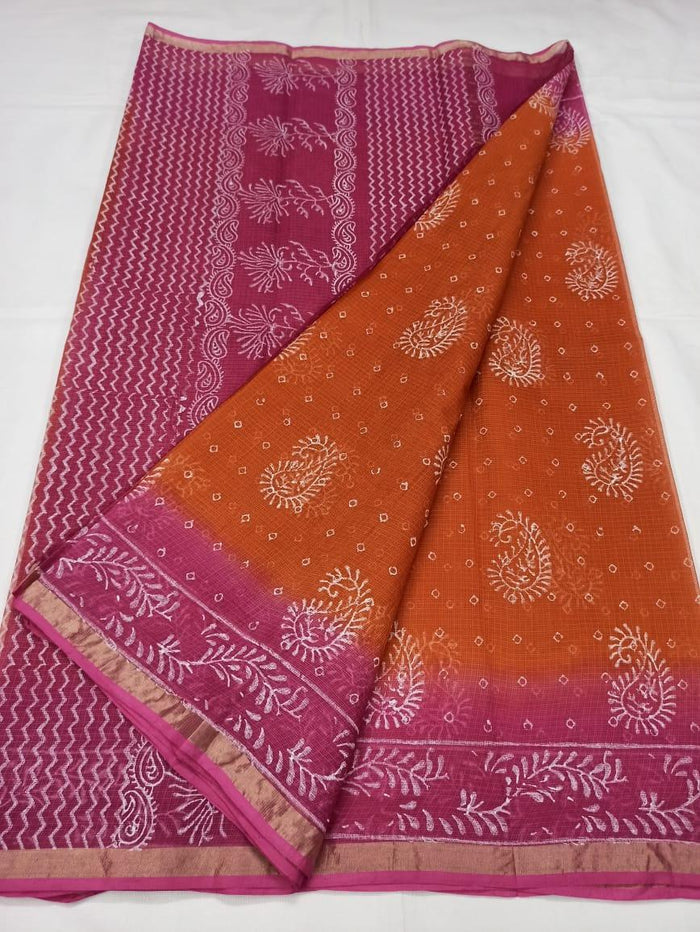 Pure Cotton Kota Doria Block Printed Saree - Pink & Brown Color