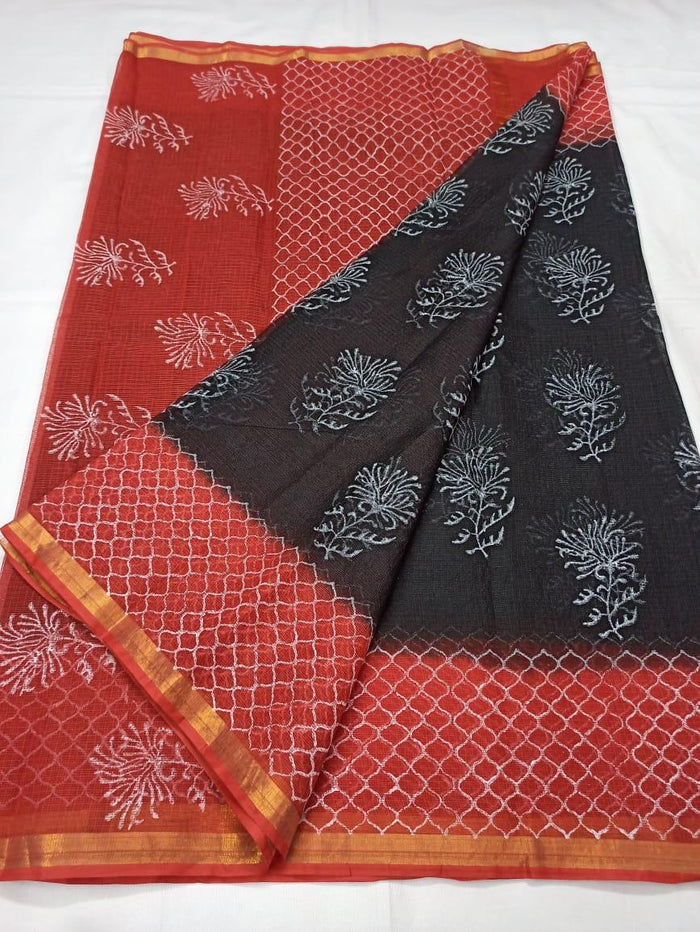 Pure Cotton Kota Doria Block Printed Saree - Black & Red Color