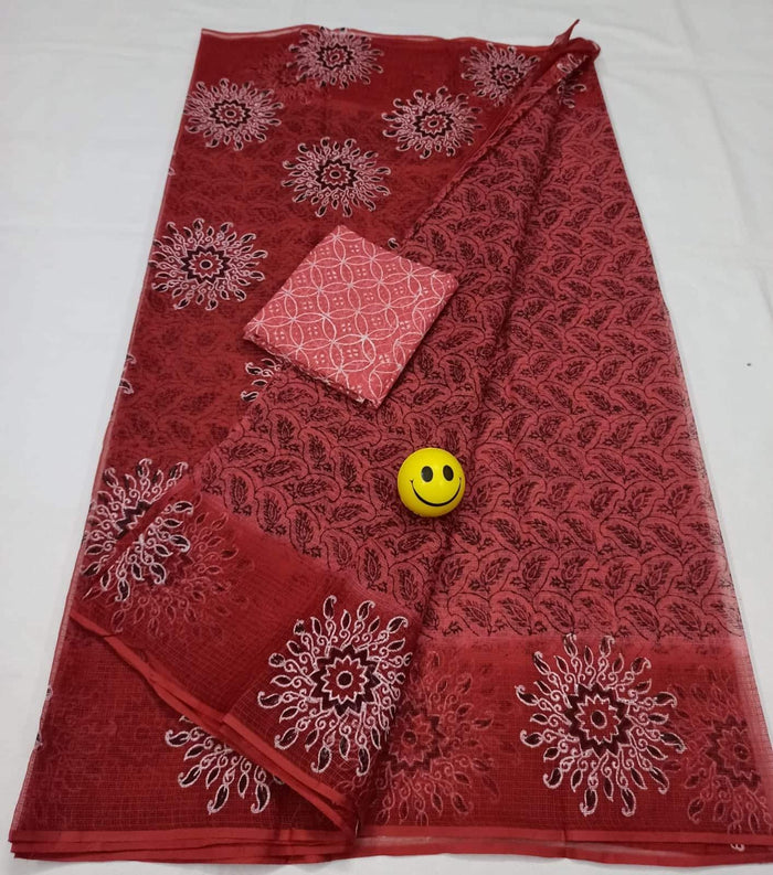 Block Printed Pure Cotton Kota Doria Saree - Red Color