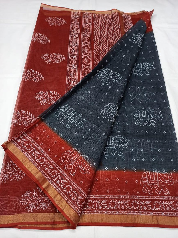 Pure Cotton Kota Doria Block Printed Saree - Red & Grey Color
