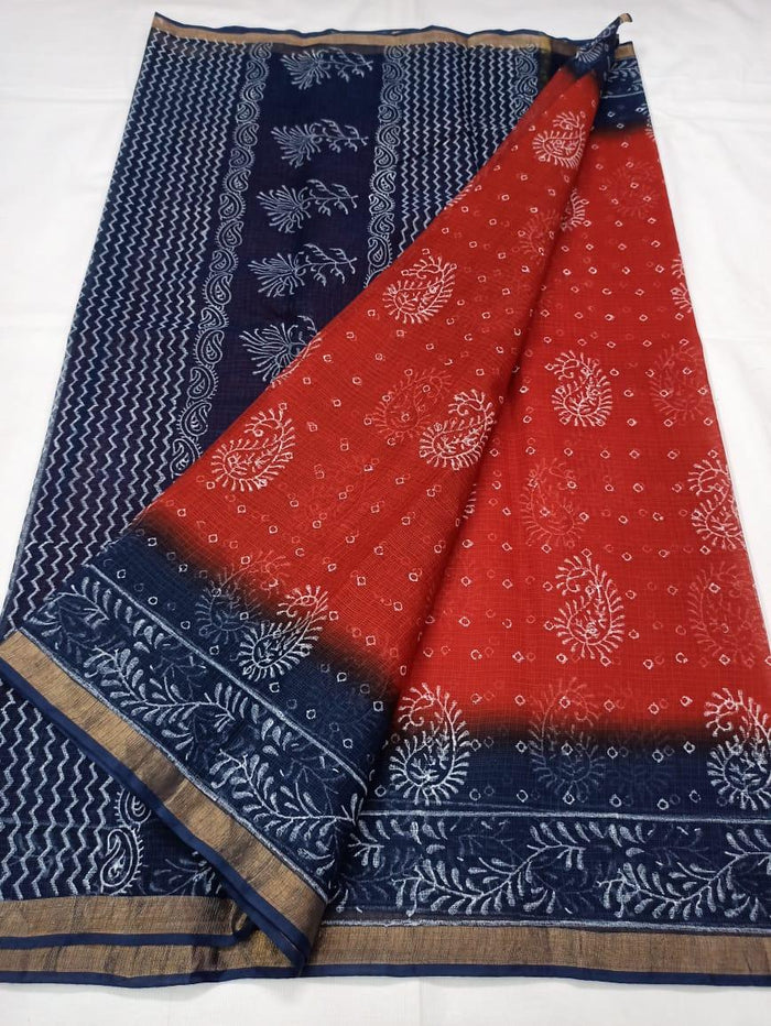 Pure Cotton Kota Doria Block Printed Saree - Red & Navy Blue Color