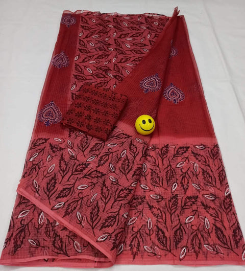 Kota Doria Pure Cotton Hand Block Printed Red Pink Color Saree - Trend In Need