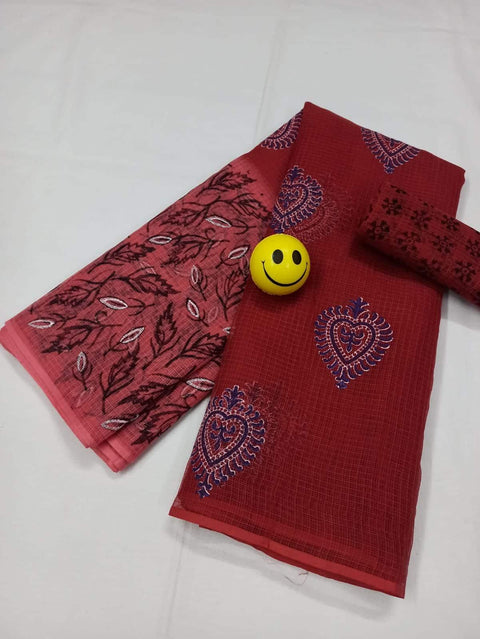 Kota Doria Pure Cotton Hand Block Printed Red Pink Color Saree - Trend In Need