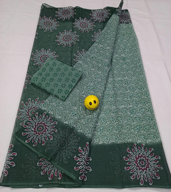 Block Printed Pure Cotton Kota Doria Saree - DarkSlateGrey