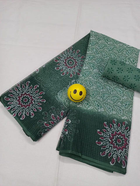 Kota Doria Pure Cotton Hand Block Printed Sea Blue Color Saree - Trend In Need