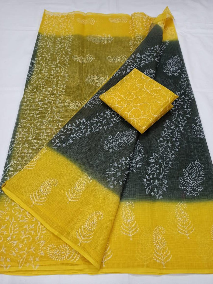 Block Printed Pure Cotton Kota Doria Saree - Yellow